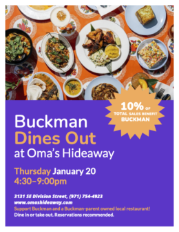 Flyer from January 20 Buckman Dines Out Oma's Hideaway